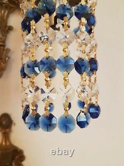 Pair Crystal Down Light Wall Sconces, Vintage with Sapphire Blue & Clear Crystal