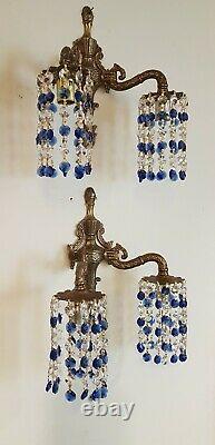 Pair Crystal Down Light Wall Sconces, Vintage with Sapphire Blue & Clear Crystal