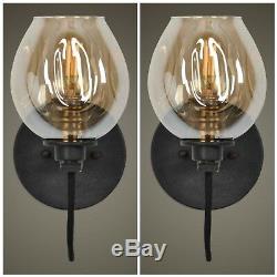 Pair Dark Aged Metal Golden Plated Glass Wall Sconce Light MID Century Style