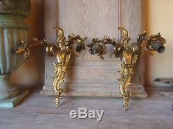 Pair FRENCH ROCOCO BRONZE SCONCE Ca 1900 Wall Lights Gold one HEADED glass tulip