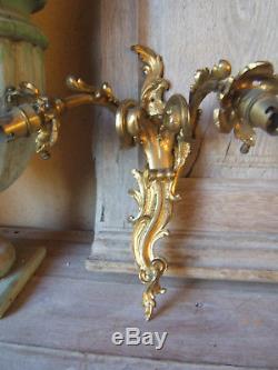 Pair FRENCH ROCOCO BRONZE SCONCE Ca 1900 Wall Lights Gold one HEADED glass tulip