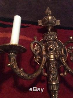 Pair French 2 Light Wall Lamps Sconces Brass Vintage Antique FBAI Italy