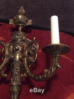 Pair French 2 Light Wall Lamps Sconces Brass Vintage Antique FBAI Italy