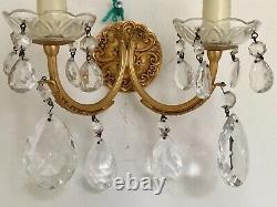 Pair French Antique 2 Arm Candle Crystal Sconce Electric Wall Lights