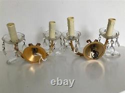Pair French Antique 2 Arm Candle Crystal Sconce Electric Wall Lights