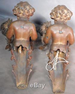 Pair French Antique Bronze Figural Sconce Wall Light Cherubs Putti Gas Electric