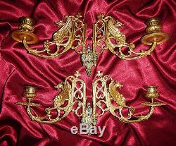 Pair French Antique Gilded Bronze Wall/ Piano Sconces/ Candleholders Dragons