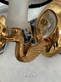Pair French Directoire Brass Swan Bouillotte Lamp Wall Sconces NULCO