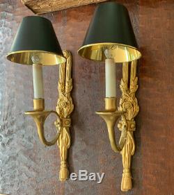 Pair French Empire Dore Bronze Hunt Horn Bouillotte Wall Sconce Sconces Vintage