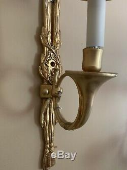 Pair French Empire Dore Bronze Hunt Horn Bouillotte Wall Sconce Sconces Vintage