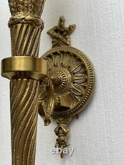 Pair French Empire Neoclassical Style Bronze Brass Torch Torchiere Wall Sconces
