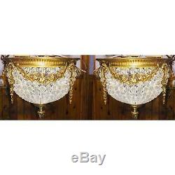 Pair French Empire Wall Sconces Crystal Chains Gilded Brass Lights Clear Beads