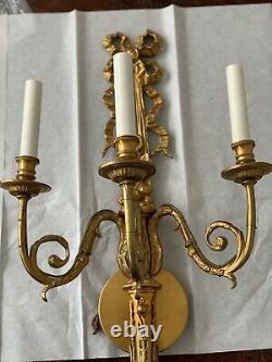 Pair French Louis XV Style Dore Bronze Brass Wall Sconces 3 Arm Ribbon Ornate