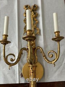 Pair French Louis XV Style Dore Bronze Brass Wall Sconces 3 Arm Ribbon Ornate