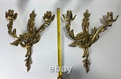 Pair French Rococo Style Solid Brass Candle Wall Sconces Hollywood Regency Gold