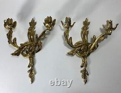 Pair French Rococo Style Solid Brass Candle Wall Sconces Hollywood Regency Gold