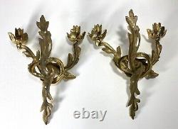 Pair French Rococo Style Solid Brass Candle Wall Sconces Hollywood Regency Gold