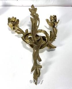 Pair French Rococo Style Solid Brass Candle Wall Sconces Hollywood Regency Gold