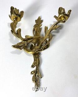 Pair French Rococo Style Solid Brass Candle Wall Sconces Hollywood Regency Gold