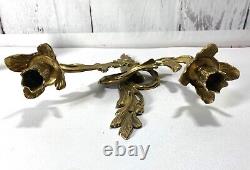 Pair French Rococo Style Solid Brass Candle Wall Sconces Hollywood Regency Gold