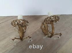 Pair French Vintage Brass elegant wall light sconces with tassels / glass