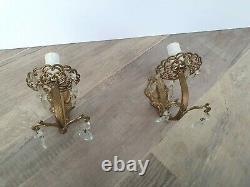 Pair French Vintage Brass elegant wall light sconces with tassels / glass