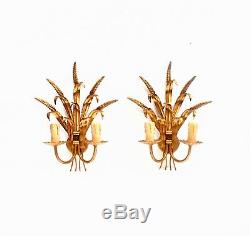 Pair French Wheat tole ware Gold Sconce Wall Lights Hollywood Glamour Double arm