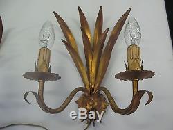 Pair Gilded tole wall sconces gold french Mid Century vintage antique