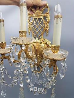 Pair Gold Gilt Bronze 3 arm Wall Sconce Regency Rococo Dripping Lustre Prisms