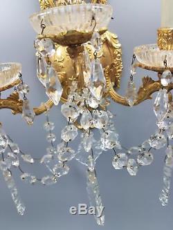 Pair Gold Gilt Bronze 3 arm Wall Sconce Regency Rococo Dripping Lustre Prisms