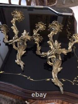 Pair Gold Vintage Antique Ornate Nouveau French Bronze Brass Wall Sconces