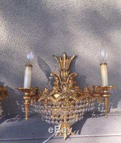 Pair Hollywood Regency Crystal Gilt Wall Lighted Sconces