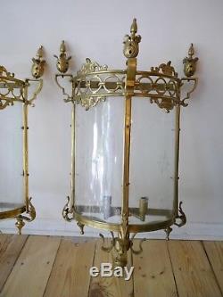 Pair Huge 2 Light Brass Lantern Wall Chandelier Lamp Glass Foyer Sconces Old