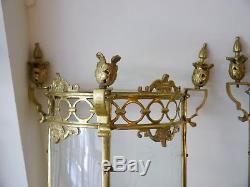 Pair Huge 2 Light Brass Lantern Wall Chandelier Lamp Glass Foyer Sconces Old