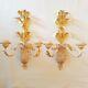 Pair Italian Gold Wall Sconces White Gilt Wooden Metal Tole Acanthus Leaf Candle