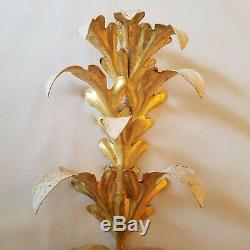 Pair Italian Gold Wall Sconces White Gilt Wooden Metal Tole Acanthus Leaf Candle