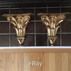 Pair Italian Hand Carved Wood Gold Gilt Vintage large Corbels/wall shelf/sconce