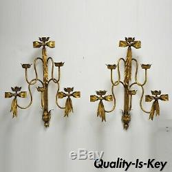 Pair Italian Hollywood Regency Gold Iron Bow Tole Metal Wall Sconces Candelabra