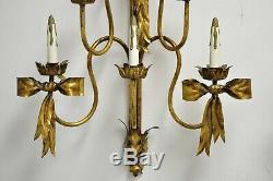 Pair Italian Hollywood Regency Gold Iron Bow Tole Metal Wall Sconces Candelabra