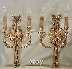Pair Italian Ribbon & Tassel Gilt Bronze 2-Arm Candle Wall Light Sconces 15