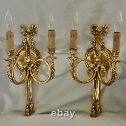 Pair Italian Ribbon & Tassel Gilt Bronze 2-Arm Candle Wall Light Sconces 15