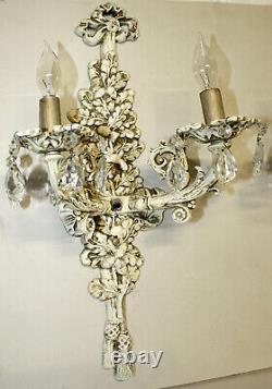Pair LARGE Vintage Antique Crystal Wall Lamps Lights SCONCES