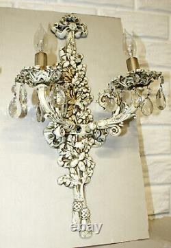Pair LARGE Vintage Antique Crystal Wall Lamps Lights SCONCES