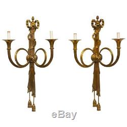 Pair Large 19th Century French Louis XVI Style Bronze Hunting Horn Wall Sconces