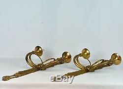 Pair Large 19th Century French Louis XVI Style Bronze Hunting Horn Wall Sconces