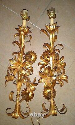 Pair Large 22 x 11 Hollywood Regency Gold Iron Lily Wheat Wall Sconces VGC