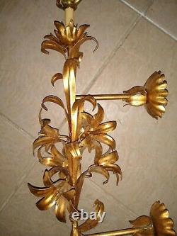 Pair Large 22 x 11 Hollywood Regency Gold Iron Lily Wheat Wall Sconces VGC