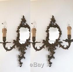 Pair Large Antique Roccocco Style French Mirror Sconces Electric Wall Lights