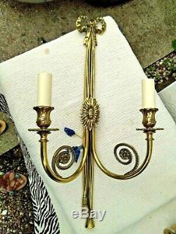 Pair Large Antique Vintage Solid Brass Twin / Double Wall Lights / Sconces