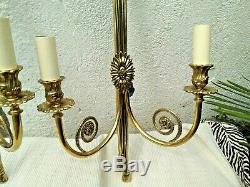 Pair Large Antique Vintage Solid Brass Twin / Double Wall Lights / Sconces